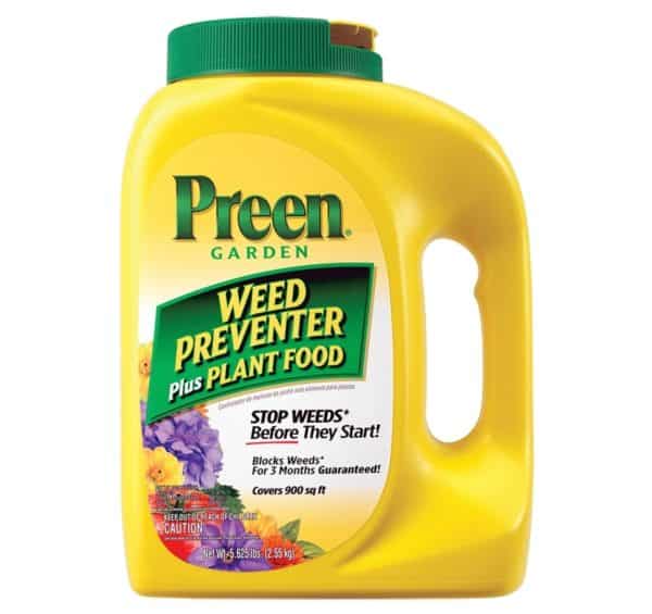 A yellow container of Preen Weed Preventer 5.625LB, labeled to stop weeds for up to 3 months and cover 900 sq ft.