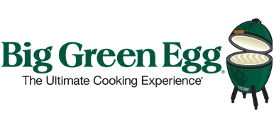 Logo of Big Green Egg featuring a green ceramic grill with the lid open, and text: "Big Green Egg - The Ultimate Cooking Experience.
