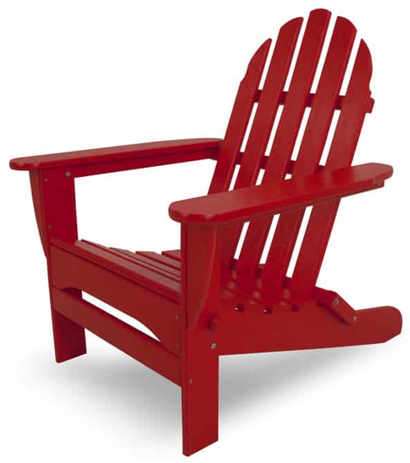 An elegant piece of outdoor furniture, this red wooden Adirondack chair features a slatted back and seat, both positioned at a comfortable angle.