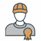 Icon of a person wearing a hard hat with a ribbon badge on their chest.