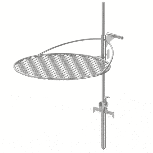 Metal grilling rack with a circular mesh surface attached to an adjustable vertical pole, designed for outdoor cooking or campfires.