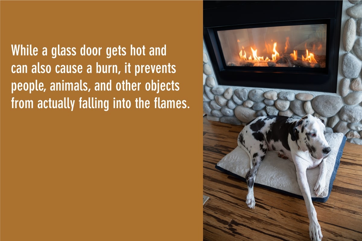a glass door on a fireplace protects people and animals