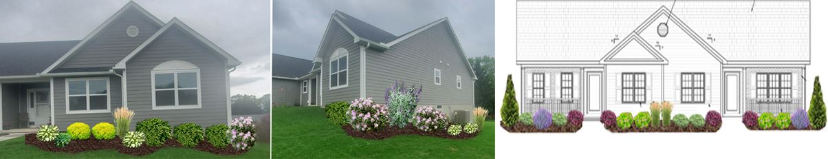 Side-by-side images show a gray house with landscaping and a drawn architectural plan of the house's front view, featuring various plants and bushes along the foundation, illustrating landscape design options.