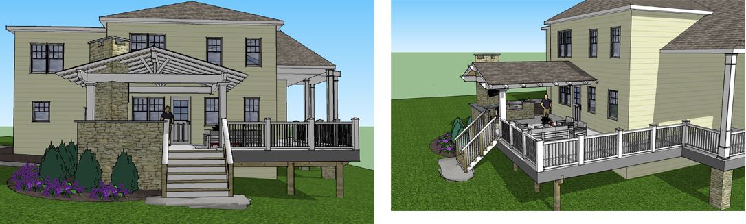 Architectural rendering of a two-story house featuring a back porch with stairs leading down to a landscaped yard, viewed from two different angles. The porch includes a covered area and seating, highlighting various landscape design options.