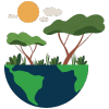 Illustration of the Earth with green continents and blue oceans, featuring trees, shrubs, and clouds under a sun.