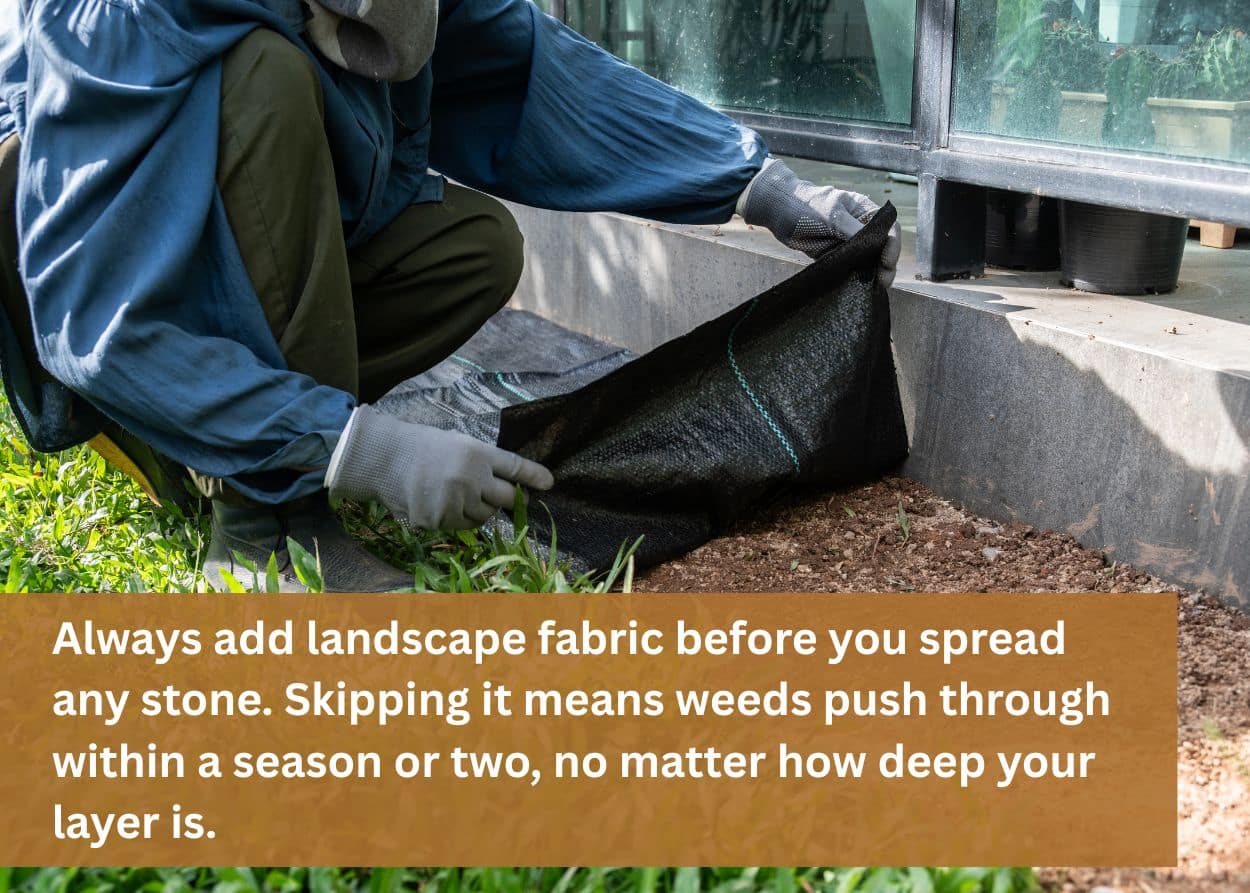 Installing landscape fabric before adding decorative stone to a landscape bed for weed control.